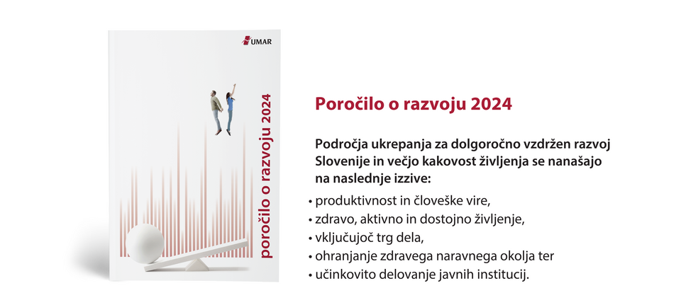 Naslovnica Poročila o razvoju 2024 z opisanimi ključnimi področji ukrepanja za dolgoročno vzdržen razvoj Slovenije
