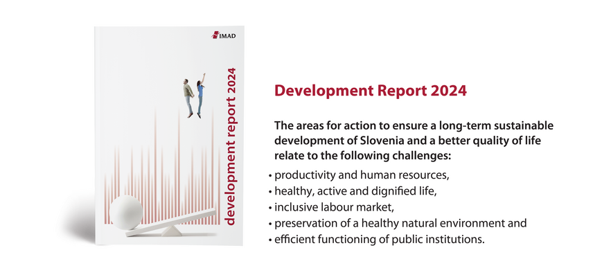 Development Report cover with description of main areas for action to ensure a long-term sustainable development of Slovenia