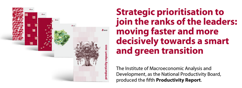 Image showing Productivity report covers and text: Strategic prioritisation to join the ranks of the leaders: moving faster and more decisively towards a smart and green transition