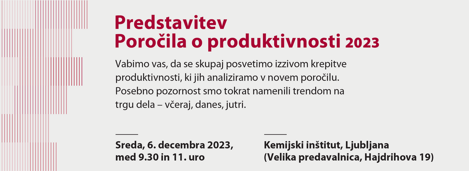Vabilo na predstavitev Poročila o produktivnosti 2023, s podatki o času in kraju dogodka